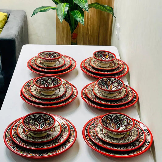 Authentic Moroccan Hand Painted Ceramic Dinnerware Set, Red Handmade Serving Set, Tableware Collection, Dinnerware Set
