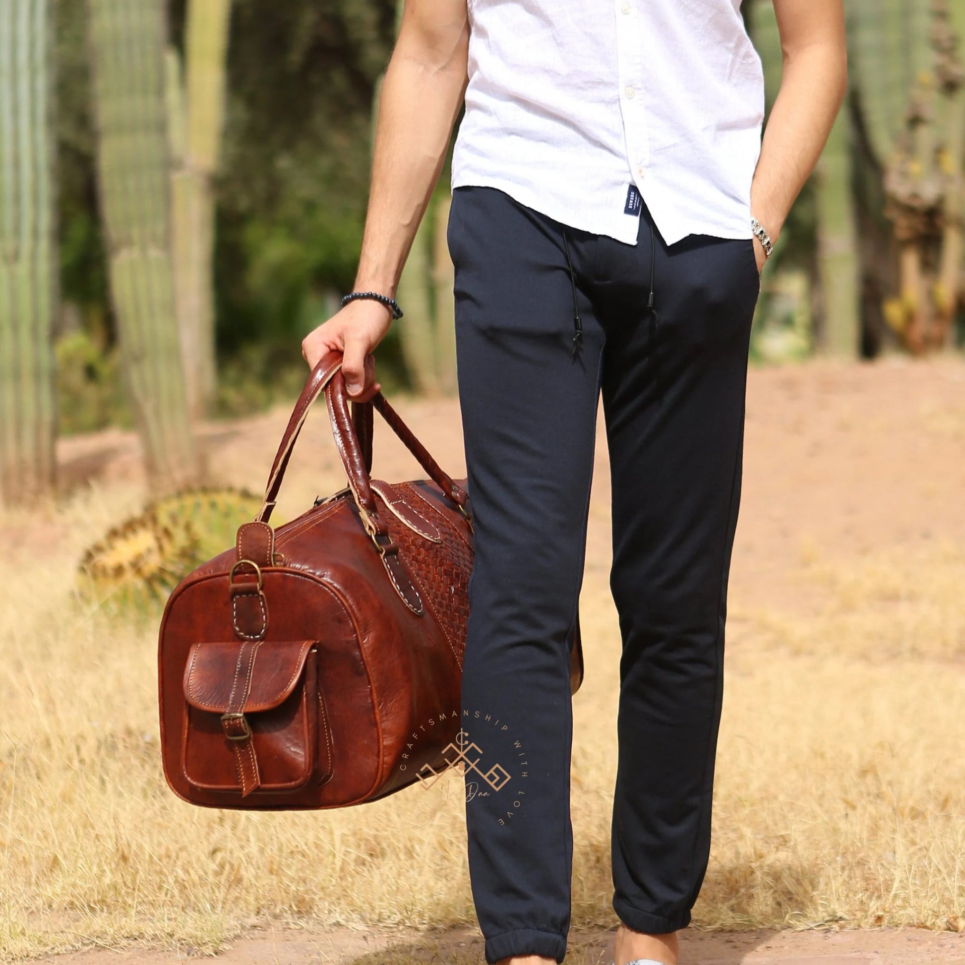 Brown Almond Leather Travel Duffle Bag for Women and Men, Woven Carry on Weekender Overnight Bag, Gift Travel Leather Bag