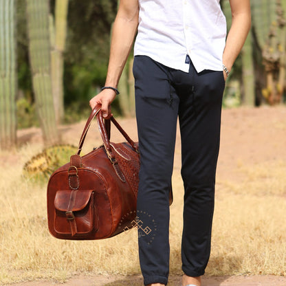 Brown Almond Leather Travel Duffle Bag for Women and Men, Woven Carry on Weekender Overnight Bag, Gift Travel Leather Bag