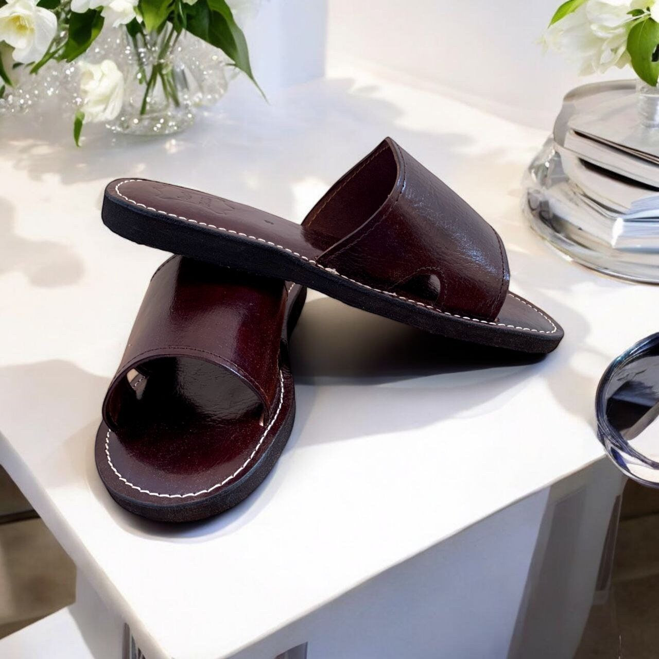 Handmade Brown Genuine Leather Slides Sandals for Men, Cozy Open-Toe Indoor and Outdoor Slippers, Leather Sandals Men, Comfortable Sandals