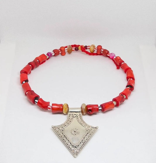 Antique Silver Berber Coral Necklace, Red Coral Beads with Vintage Tribal Pendant, Handmade African Ethnic Necklace, Gift for Her or Him