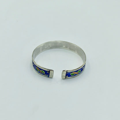 Berber Bracelet Enamelled Blue Yellow Green in Silver 925, Amazigh Bracelet of Silver Filigree Artisanal, Barcelet Handmade in Tiznit