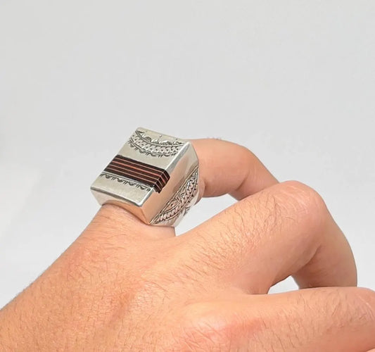 Vintage Berber Sterling Silver Ring, Handmade Tuareg Ring Silver Sterling with Sahara Ebony Wood, Moroccan Jewelry, Gift for Him Size 11 US