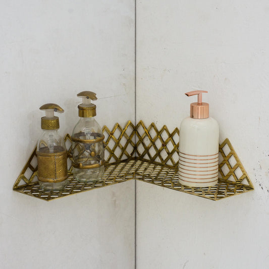 Unlacquered Brass Corner Shower Shelf Grid, Brass Floating Shower Caddy, Shower Draining Shelf, Corner Storage Shelf