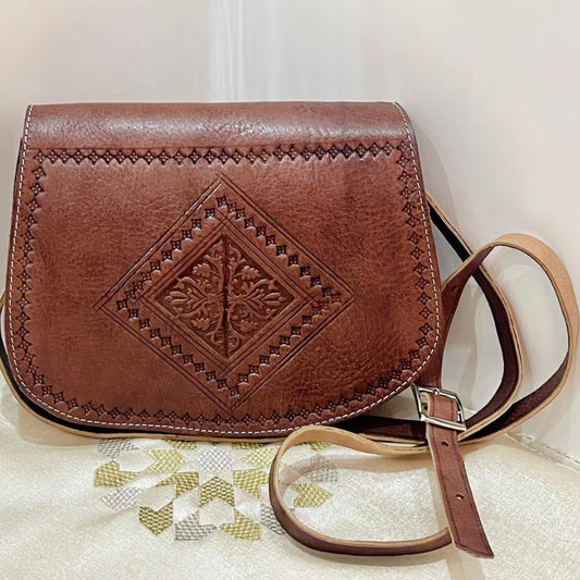 Moroccan Leather Bag, Genuine Leather Crossbody Bag, Moroccan Shoulder Bag, Women'S Leather Bag, Handmade Carved, Gift for Women.