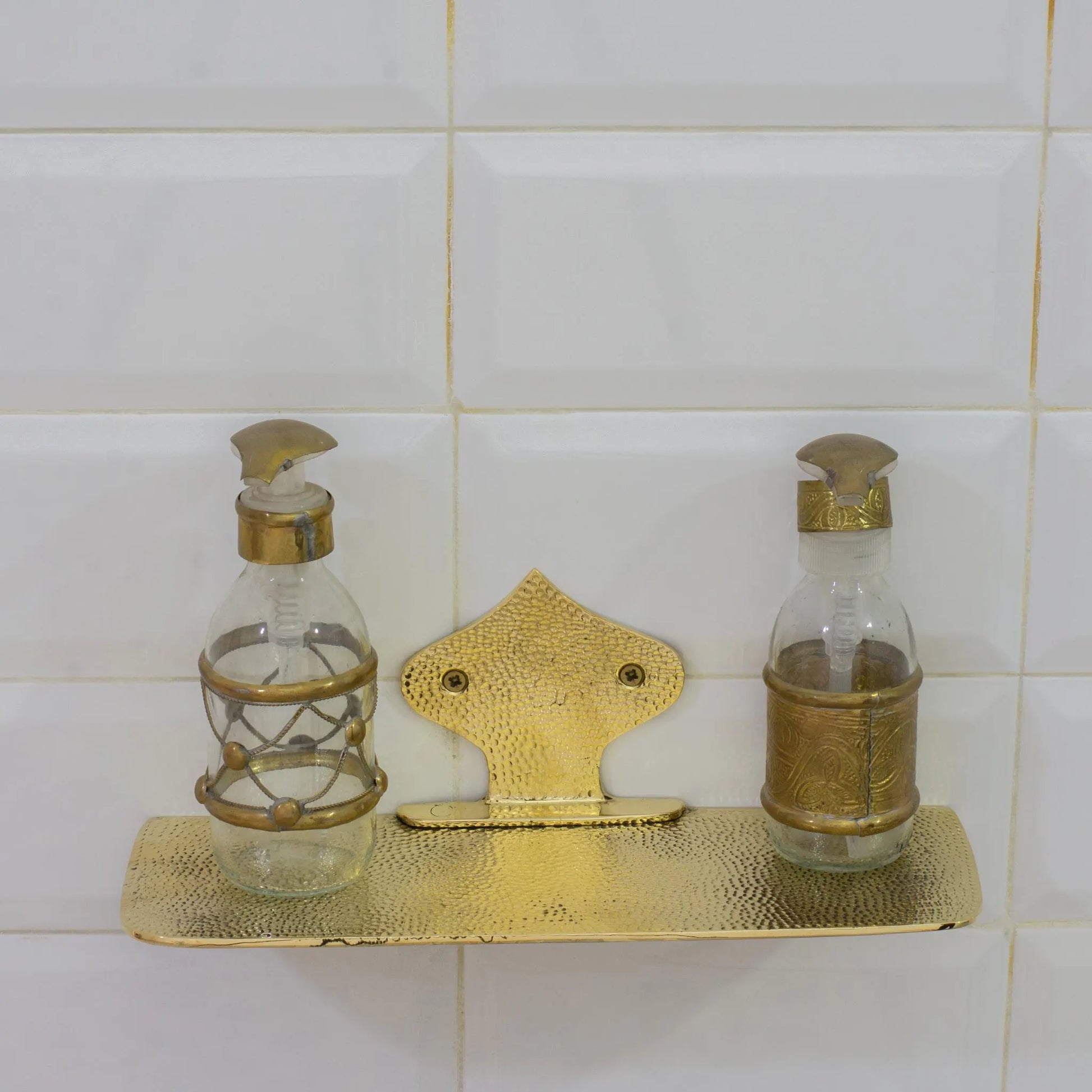 Hammered Solid Brass Floating Shelf, Bathroom Bottle Holder, Wall Mount Shelf Brass, Shampoo Hanger