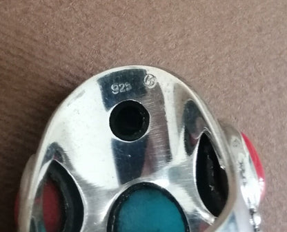 American Indian Turquoise Coral and Lapis Silver Ring