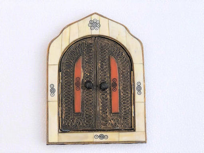 Small Handmade Moroccan Bone Mirror with Small Decorative Doors - Warm-Toned Frame