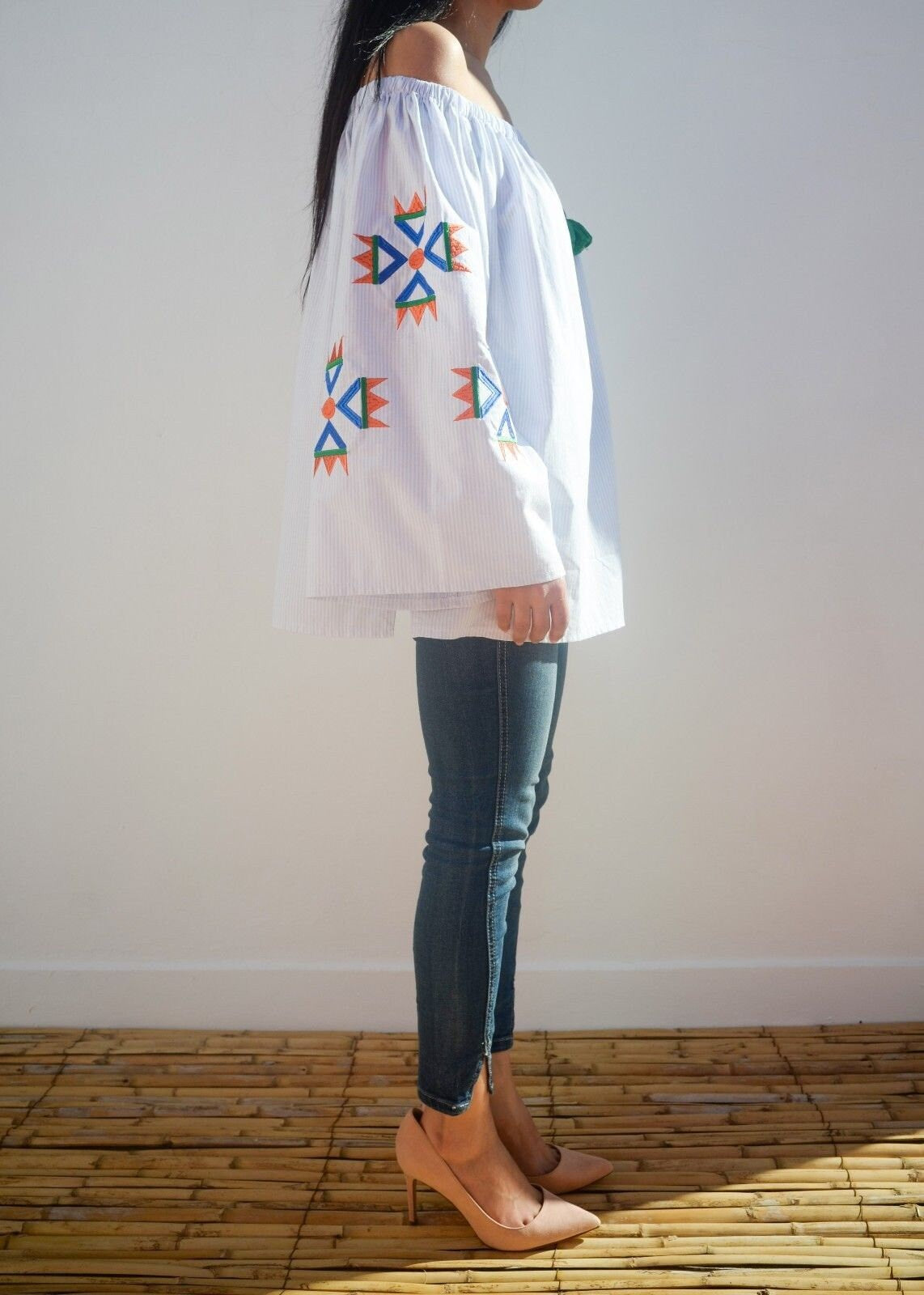 Vysyvanka Top Embroidered Moroccan off Shoulder Shirt Oversized Bohemian Top