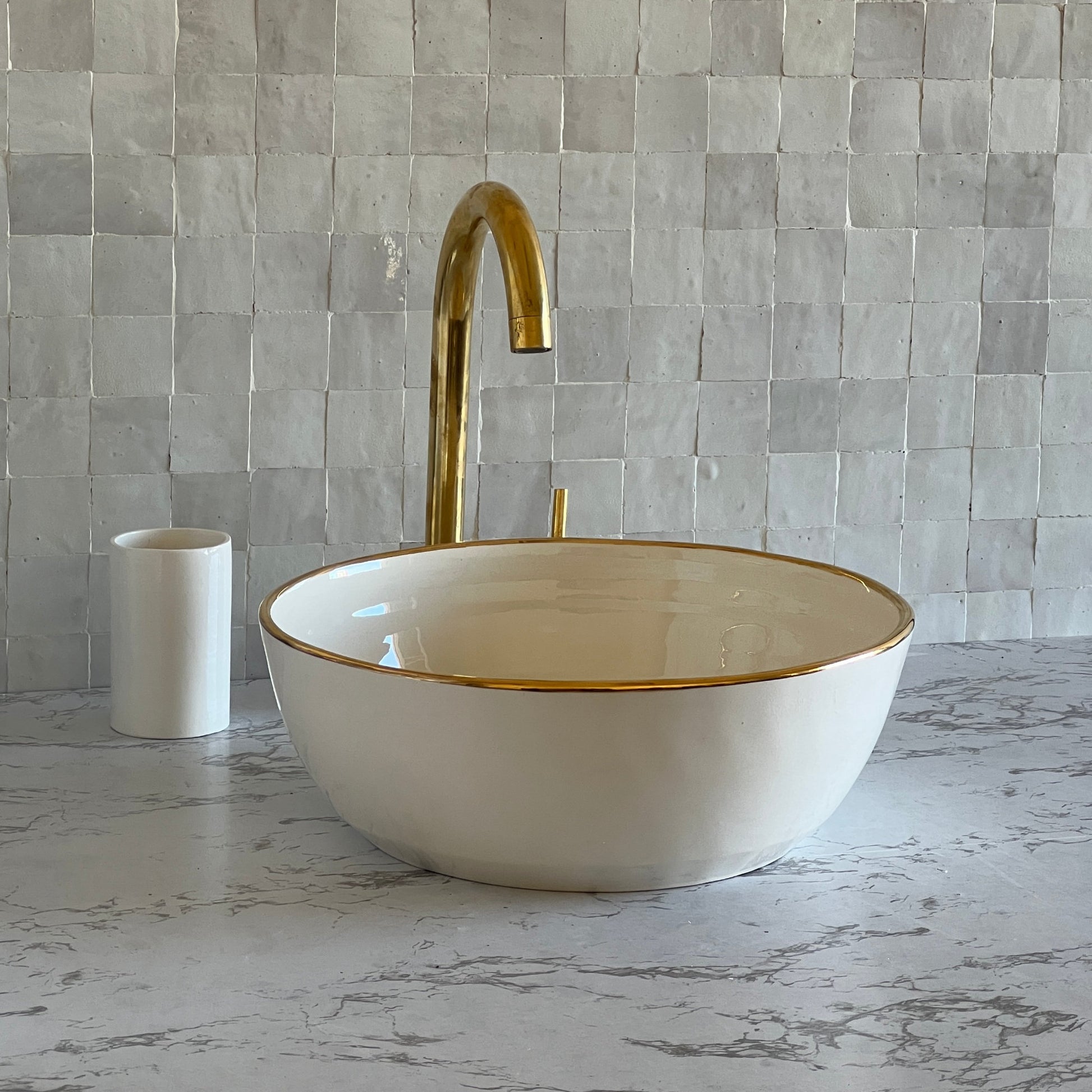 Antique Sink 14K Gold Rim, Set of Vessel Sink, Toothbrush Cup and Soap Dish, 14 Inch Sink Bowl, Ceramic Basin, Free Gift INCLUDED