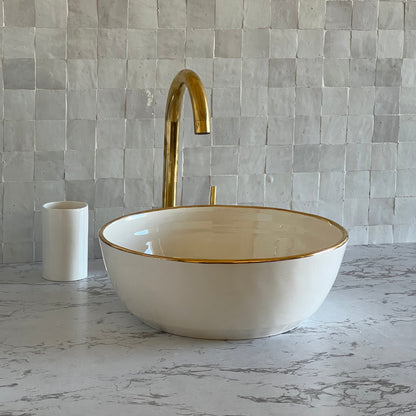 Antique Sink 14K Gold Rim, Set of Vessel Sink, Toothbrush Cup and Soap Dish, 14 Inch Sink Bowl, Ceramic Basin, Free Gift INCLUDED