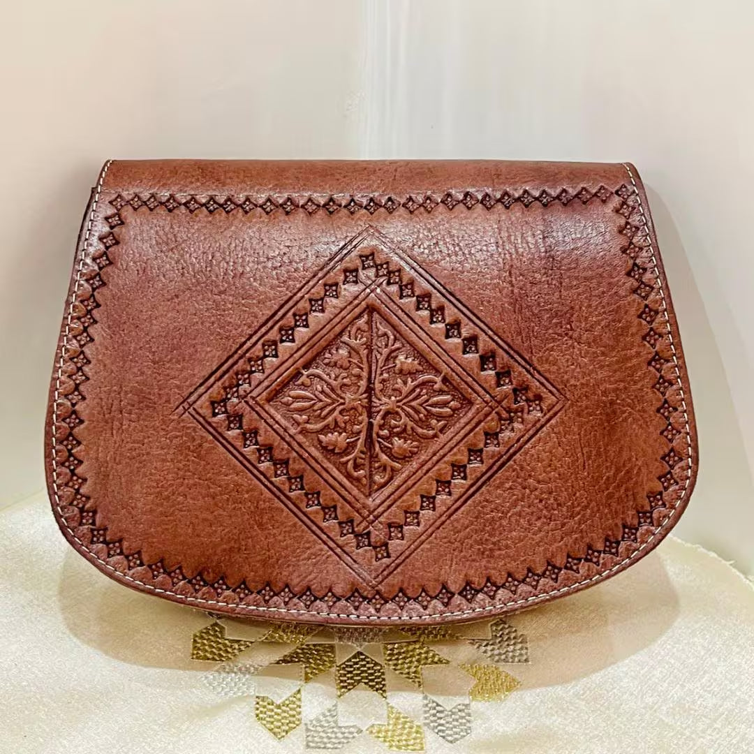 Moroccan Leather Bag, Genuine Leather Crossbody Bag, Moroccan Shoulder Bag, Women'S Leather Bag, Handmade Carved, Gift for Women.