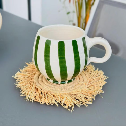Handmade Moroccan Striped Ceramic Mug – Green & White Coffee Cup – Artisan Pottery – Boho Kitchen Decor – Unique Gift for Tea Lovers