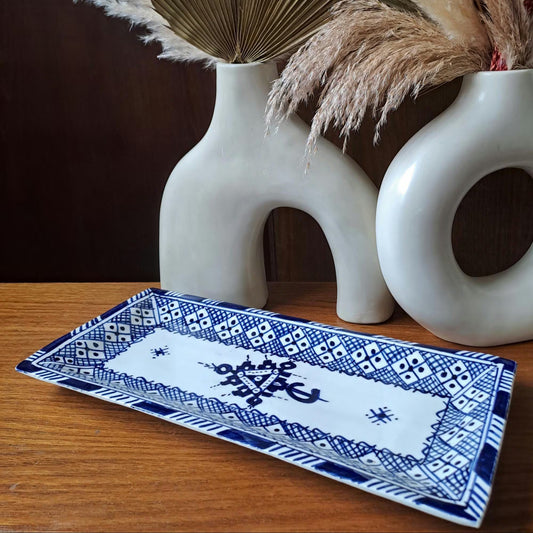 Hand-Painted Moroccan Rectangular Ceramic Dish – Blue & White Serving Plate, Tapas Tray, Tableware, Boho Kitchen Decor