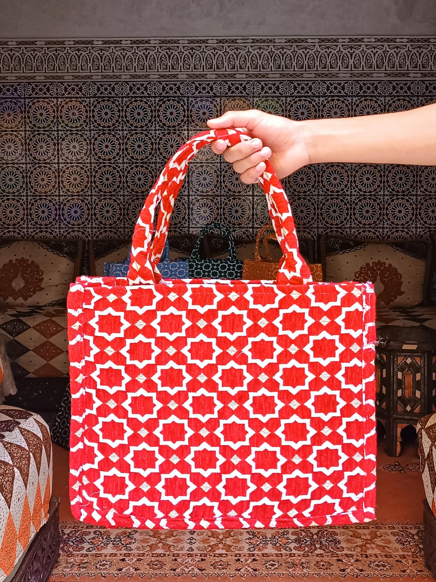 Handmade Moroccan Tote Bag with Zellij Tile Design, Large Durable Tote for Everyday Use, Unique Cultural Gift, Eco-Friendly Beach Bag
