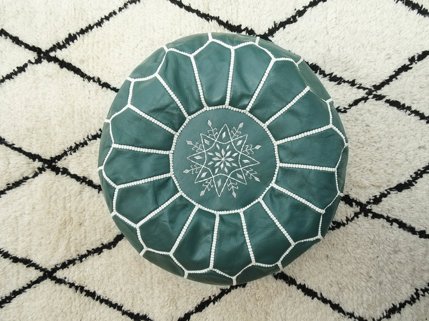Green Leather Pouf with White Stitching , Green Moroccan Pouf, Luxury Ottomans Footstools, Leather Pouf, Handmade Poof