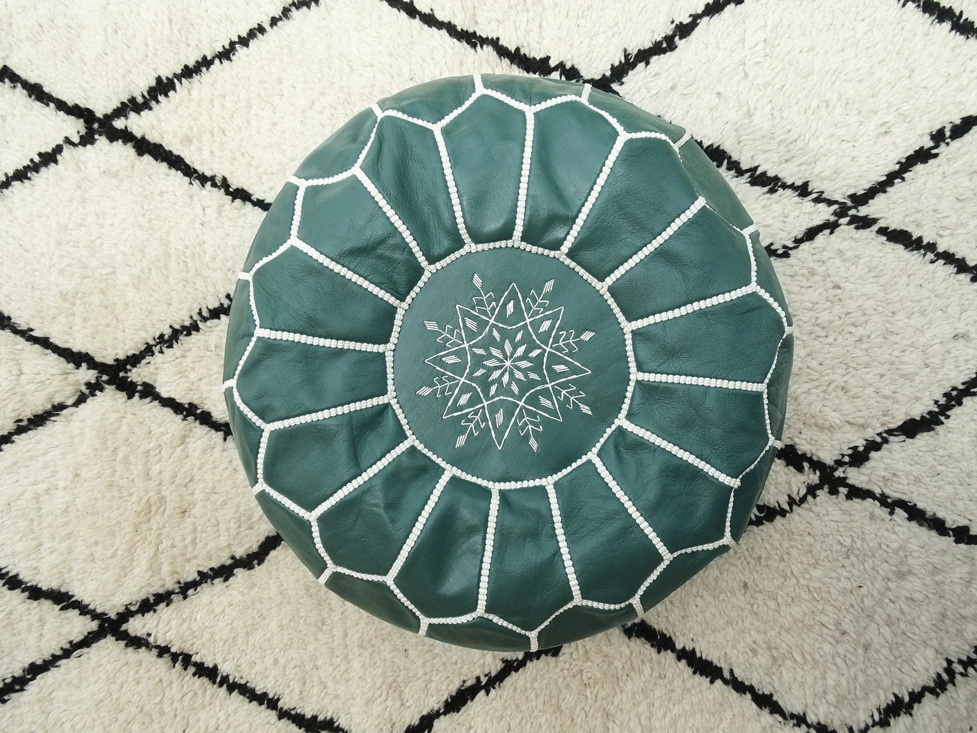 Green Leather Pouf with White Stitching , Green Moroccan Pouf, Luxury Ottomans Footstools, Leather Pouf, Handmade Poof
