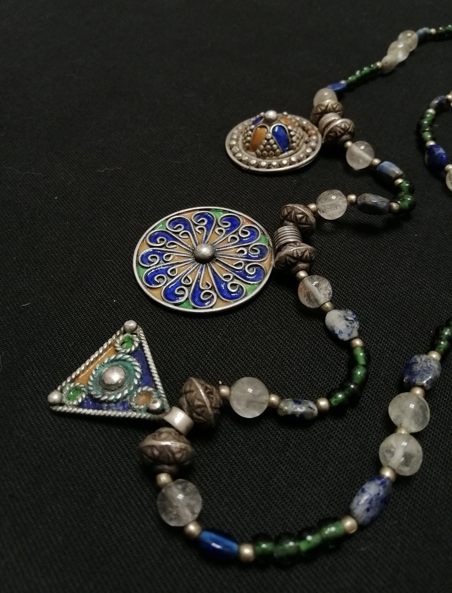 Long Single Strand Glass and Stone Beads with 3 Berber Enamel Amulets