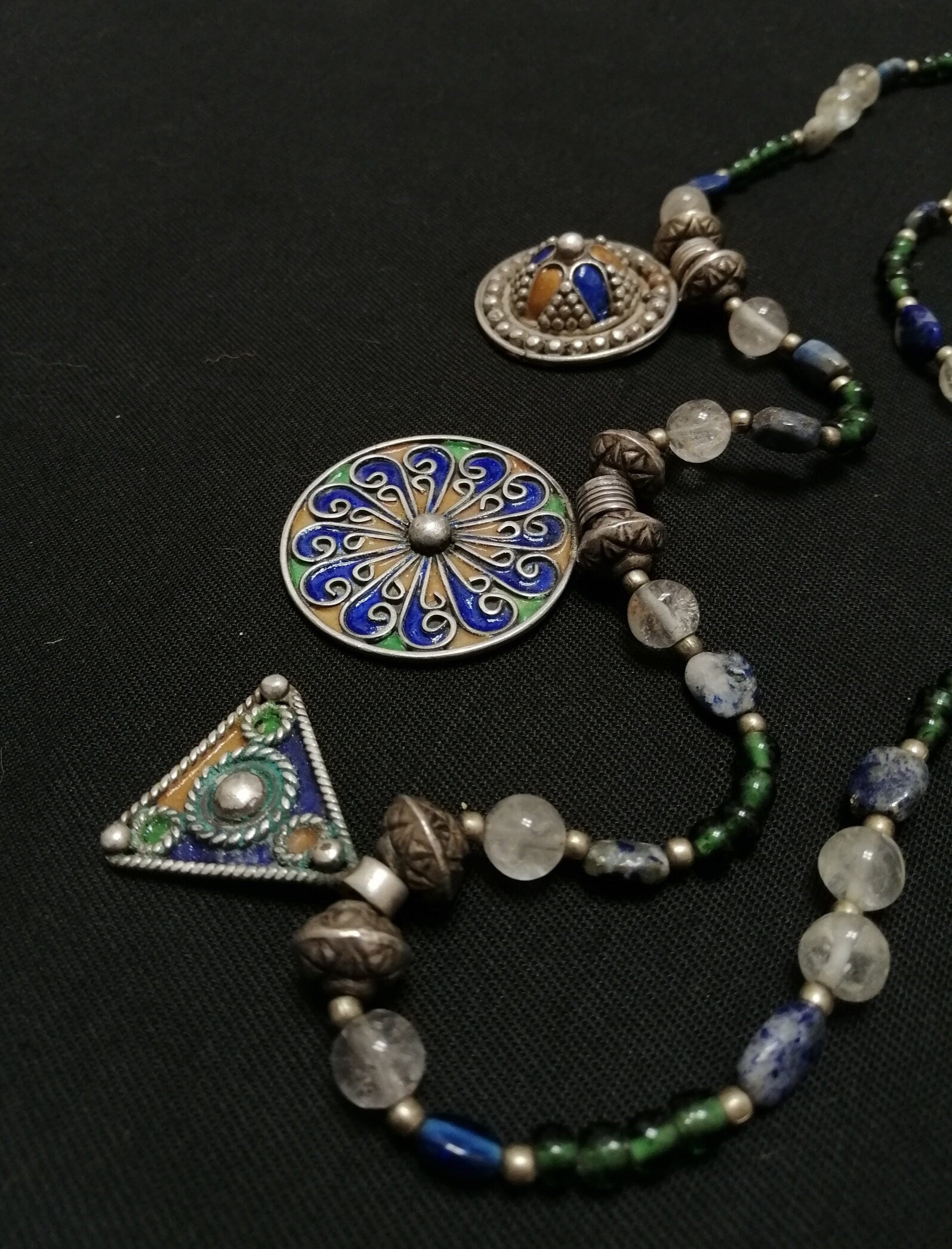Long Single Strand Glass and Stone Beads with 3 Berber Enamel Amulets