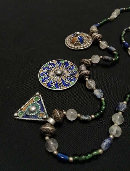 Long Single Strand Glass and Stone Beads with 3 Berber Enamel Amulets