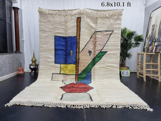 MOROCCAN RUG 6X10, Colored Beni Mrirt Rug, Handmade Shag Rug, White Wool Rug, Abstract Berber Carpet, High Quality Area Rug, Artistic Design