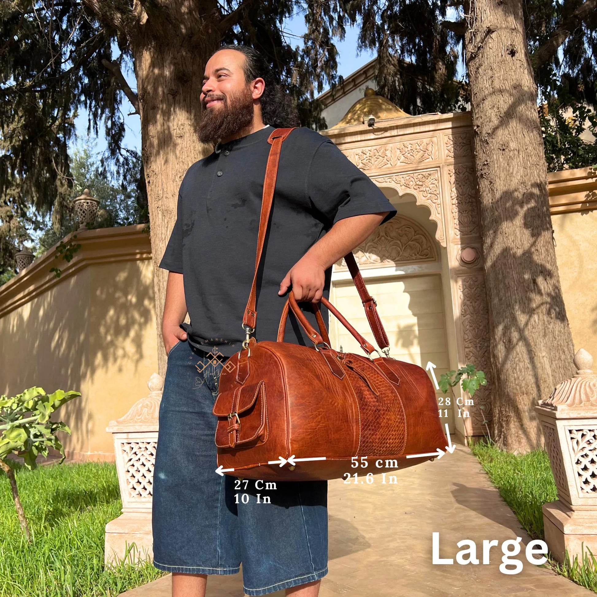 Brown Almond Leather Travel Duffle Bag for Women and Men, Woven Carry on Weekender Overnight Bag, Gift Travel Leather Bag