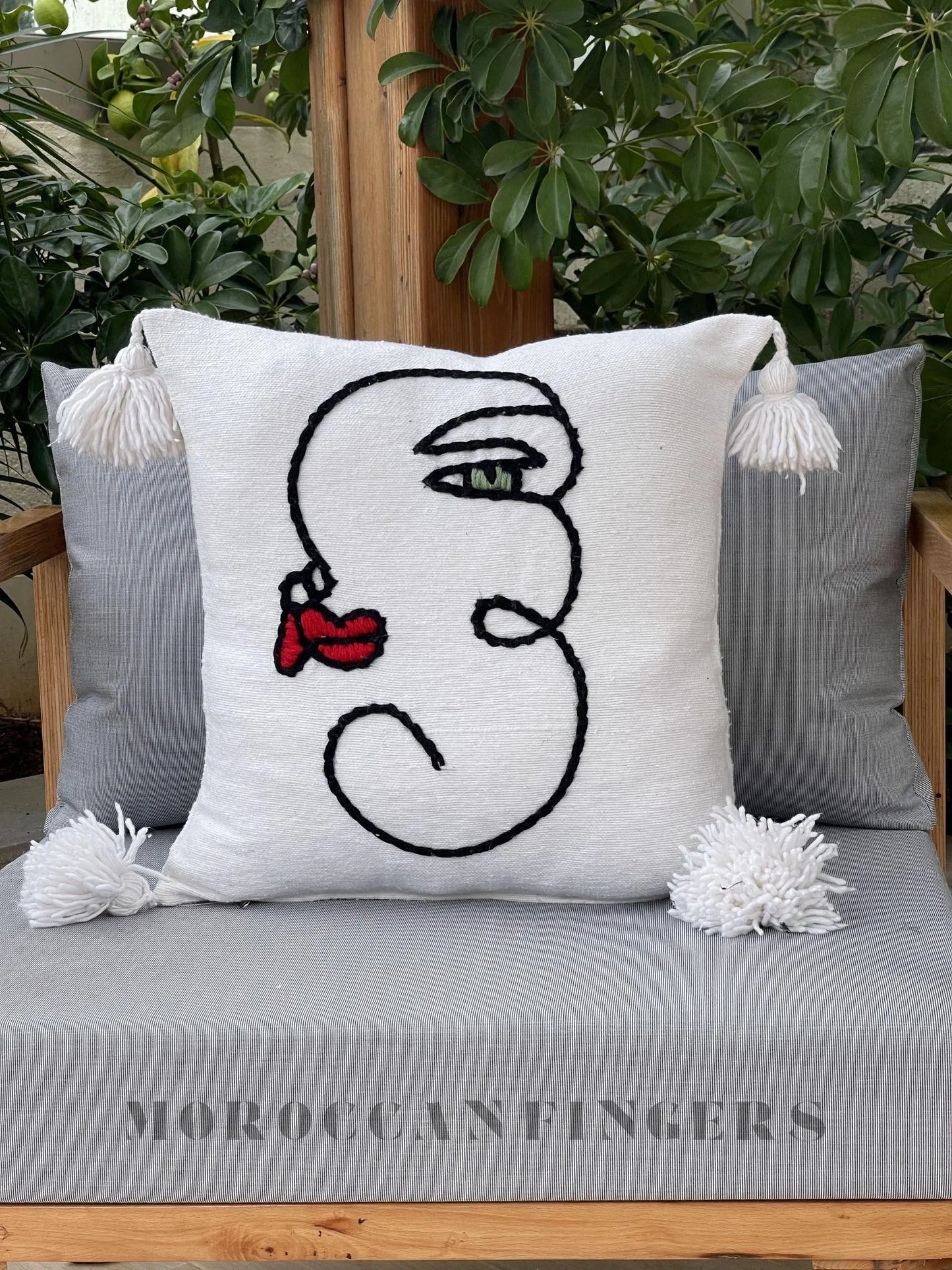 Abstract Face Pillow Covers 18X18 – Set of 2 Boho Cushion Covers, Handwoven Recycled Cotton, Handmade in Morocco