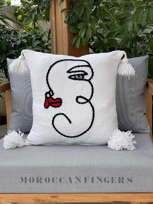 Abstract Face Pillow Covers 18X18 – Set of 2 Boho Cushion Covers, Handwoven Recycled Cotton, Handmade in Morocco