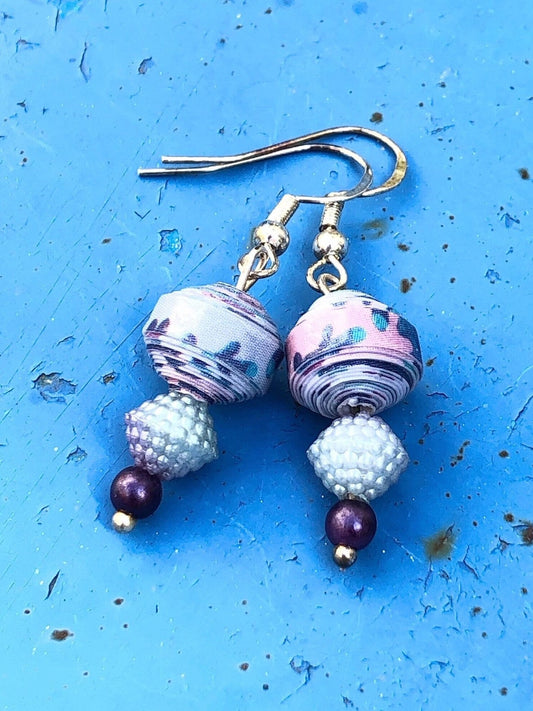 Purple & Silver Beaded Earrings | Upcycled Paperbead Earrings Morocco | Unique Handmade Recycled Earrings | Drop Dangle Earrings Silver Hook