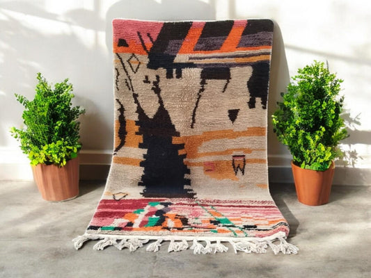 Beige Abstract Rug | Moroccan Wool Carpet | Handwoven with Black, Pink & Orange Accents | Berber Art Design