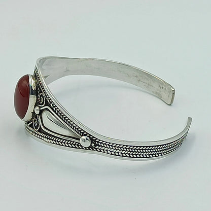 Women'S 925 Sterling Silver Handcrafted Adjustable Bracelet, Open Cuff Berber Engrave Design Boho Bangle with a Brown Bead