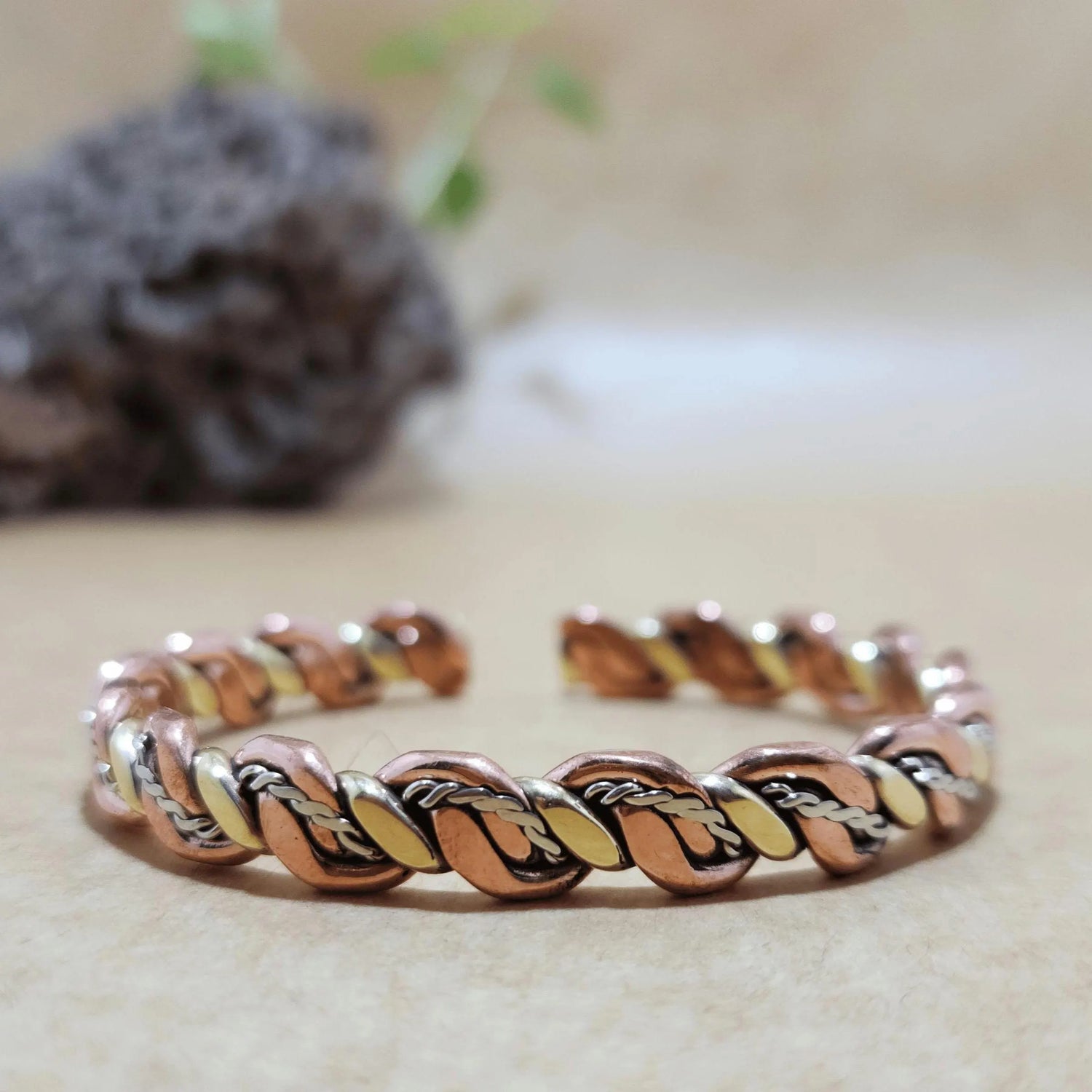 Twisted Copper Bracelet with Red, Yellow, and Silver Wires – Handcrafted Mixed Metals Bangle for Unisex Gift, Handforged, and Unique