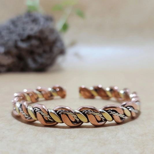 Twisted Copper Bracelet with Red, Yellow, and Silver Wires – Handcrafted Mixed Metals Bangle for Unisex Gift, Handforged, and Unique