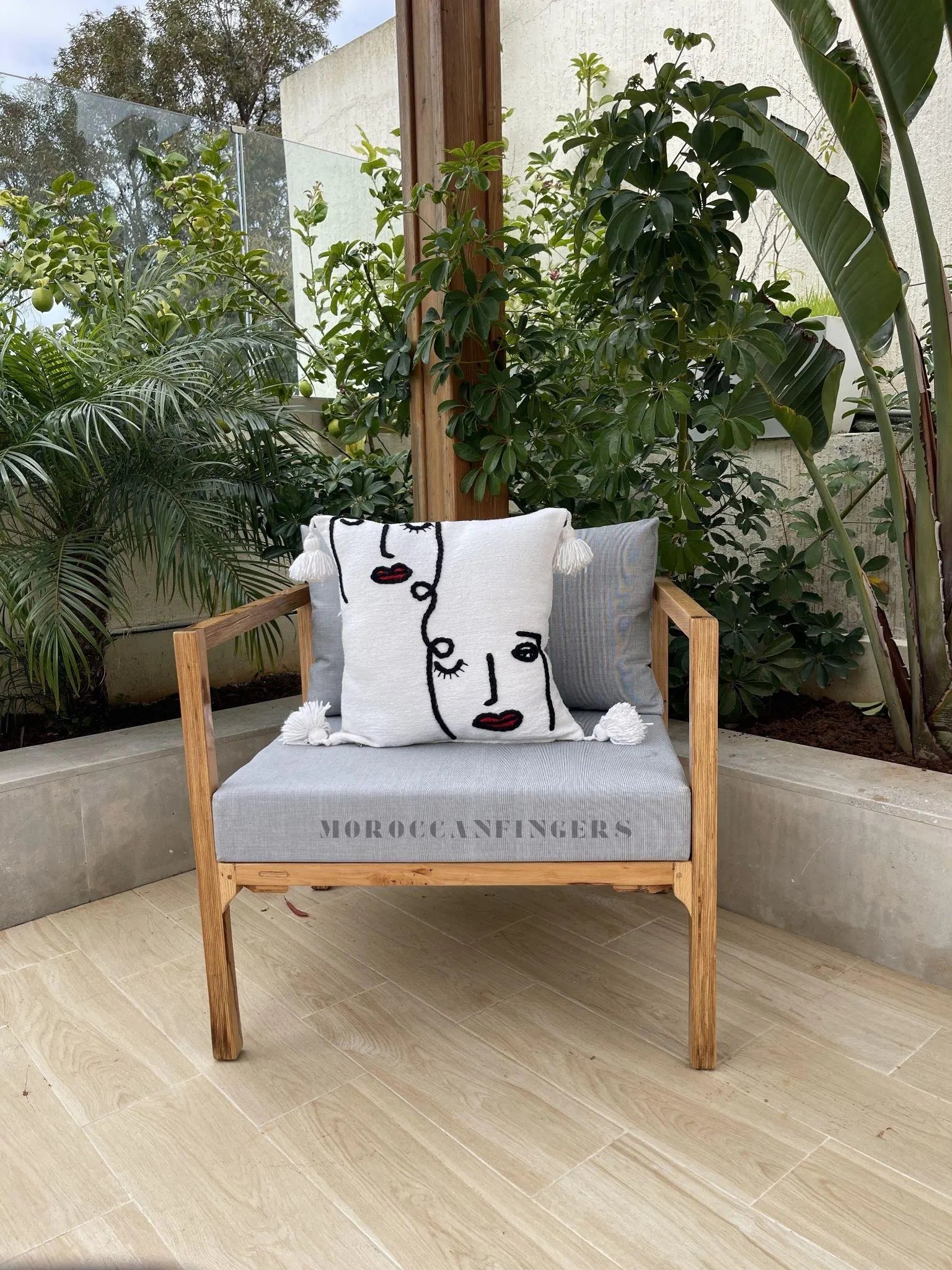 Set of 2 Line Art Pillow Covers – 18X18 Abstract Face Cushions, Handwoven Boho Decor, Recycled Cotton, Moroccan Handmade