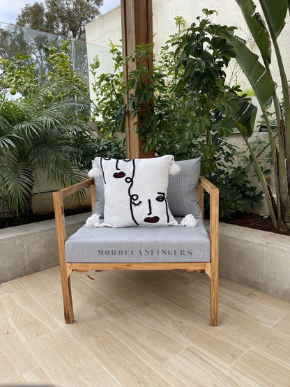 Set of 2 Line Art Pillow Covers – 18X18 Abstract Face Cushions, Handwoven Boho Decor, Recycled Cotton, Moroccan Handmade