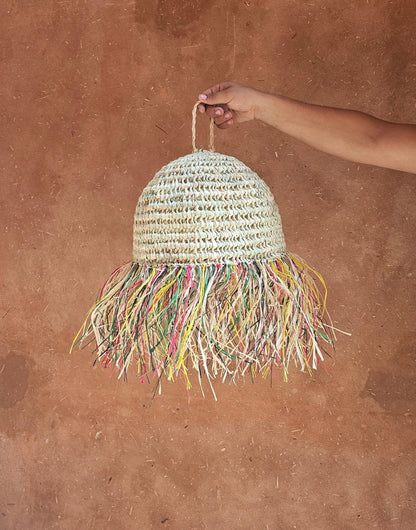 Straw Ball Pendant Light with Raffia Multicolor Fringes , Moroccan Straw Lampshade