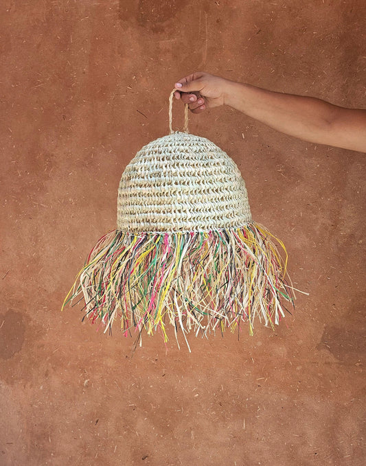 Straw Ball Pendant Light with Raffia Multicolor Fringes , Moroccan Straw Lampshade
