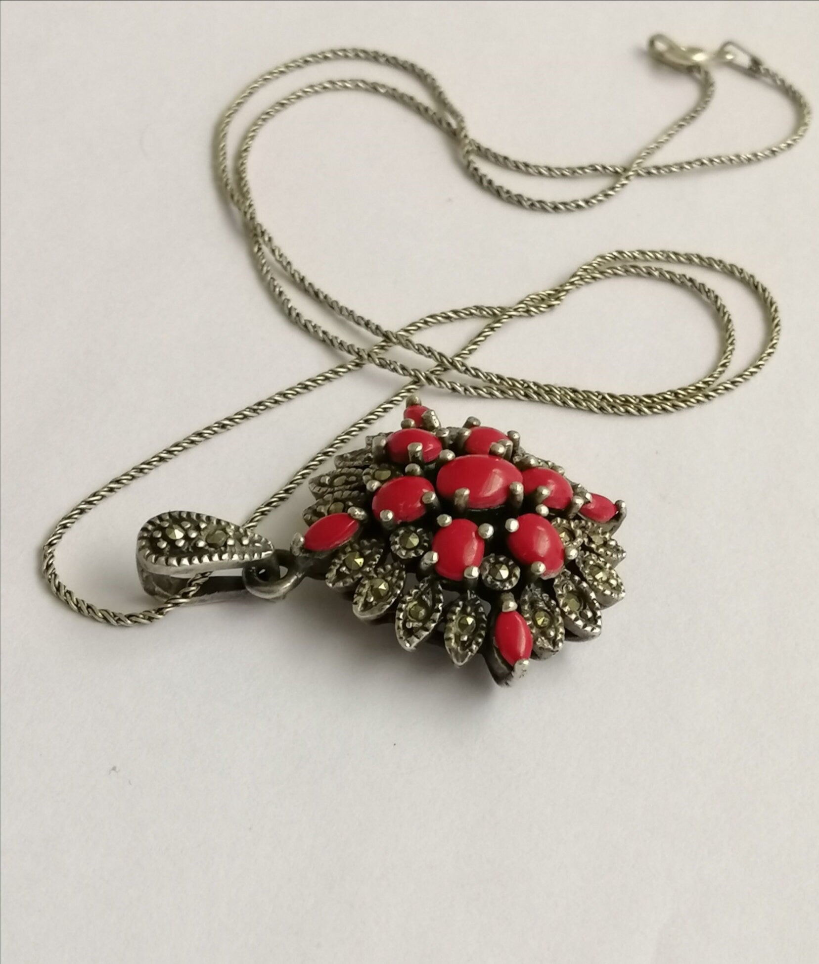 Red Resin and Sterling Silver 'Victoriana' Pendant