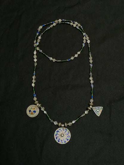 Long Single Strand Glass and Stone Beads with 3 Berber Enamel Amulets