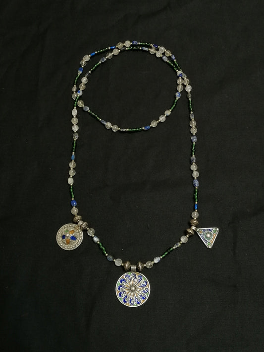 Long Single Strand Glass and Stone Beads with 3 Berber Enamel Amulets