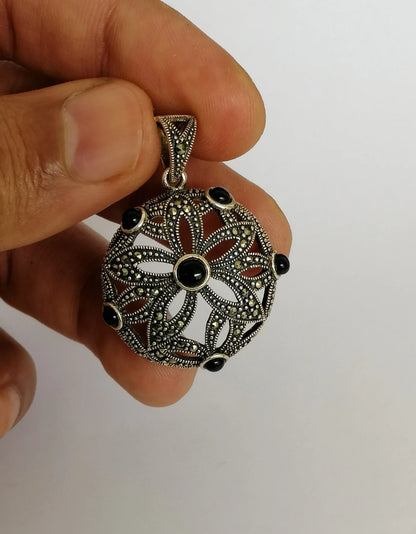 Retro Deco-Style Sterling Silver and Onyx Pendant