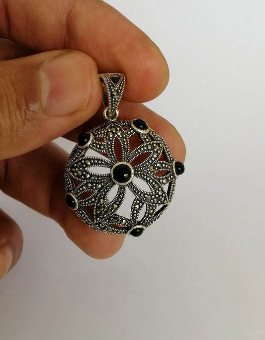 Retro Deco-Style Sterling Silver and Onyx Pendant