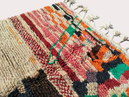 Beige Abstract Rug | Moroccan Wool Carpet | Handwoven with Black, Pink & Orange Accents | Berber Art Design