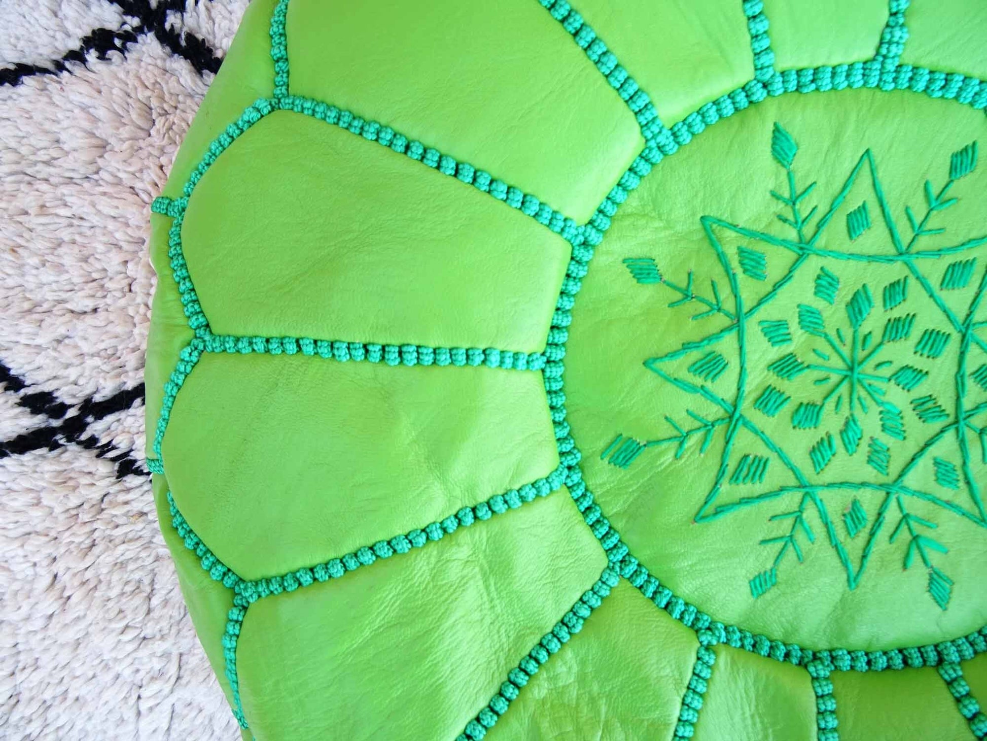 Light Kelly Green Leather Pouf with Top Embroidery, Moroccan Ottoman Poof Green Color, Luxury Kelly Green Ottoman Footstools.