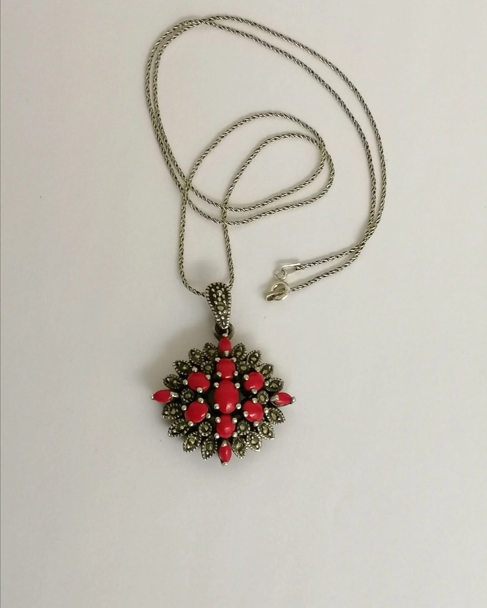Red Resin and Sterling Silver 'Victoriana' Pendant
