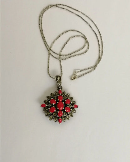Red Resin and Sterling Silver 'Victoriana' Pendant