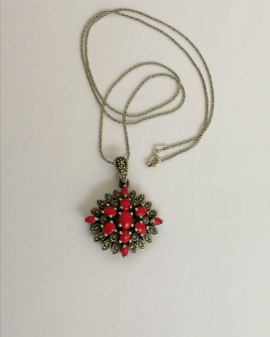 Red Resin and Sterling Silver 'Victoriana' Pendant