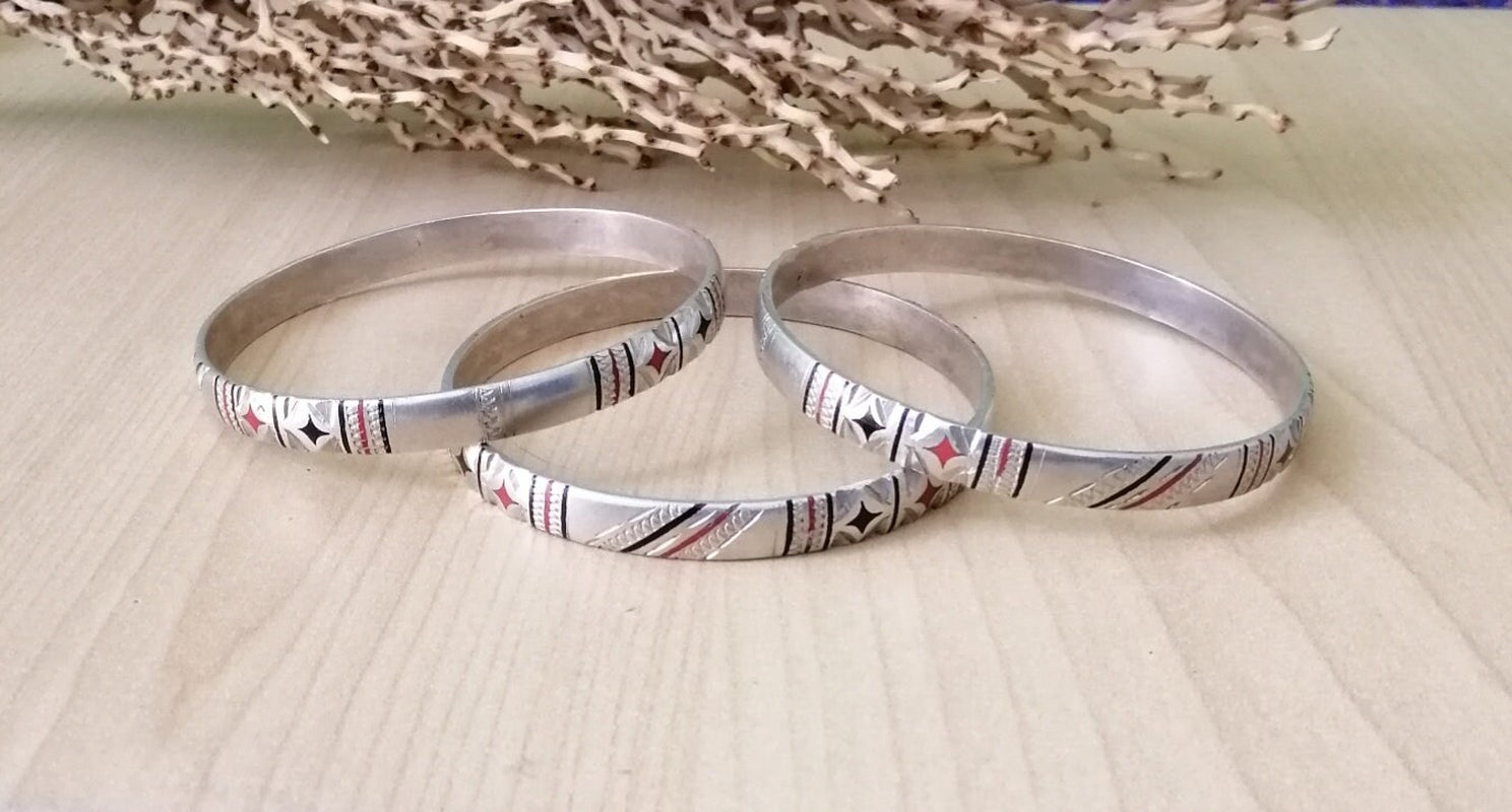 Set of 3 Tuareg Silver Bangles with Decorative Enamel