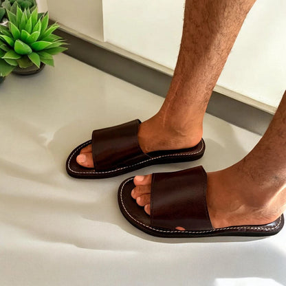 Handmade Brown Genuine Leather Slides Sandals for Men, Cozy Open-Toe Indoor and Outdoor Slippers, Leather Sandals Men, Comfortable Sandals