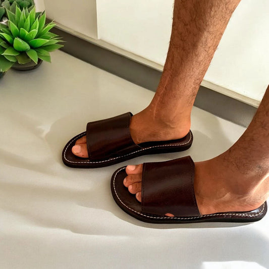 Handmade Brown Genuine Leather Slides Sandals for Men, Cozy Open-Toe Indoor and Outdoor Slippers, Leather Sandals Men, Comfortable Sandals